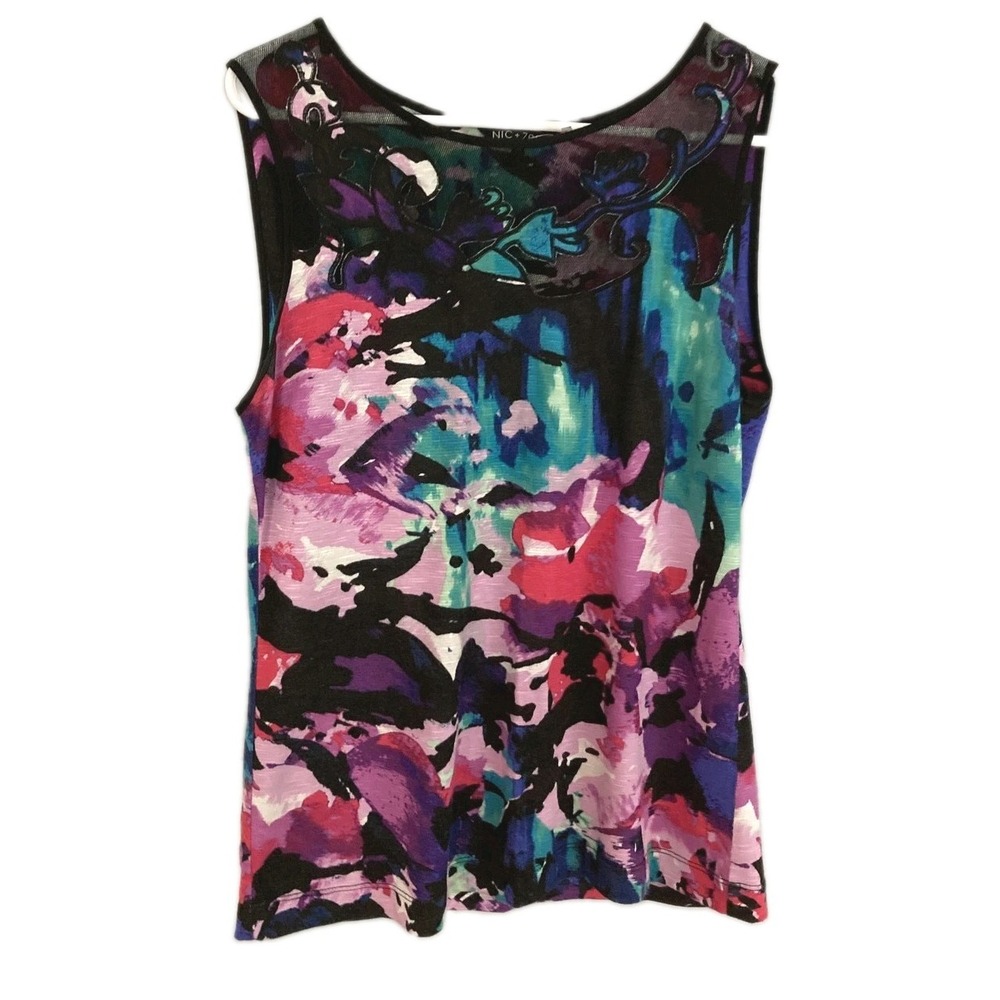 NIC+ZOE Tank Top Women M Multicolor Abstract Floral Mesh Embroidered Sheer EUC